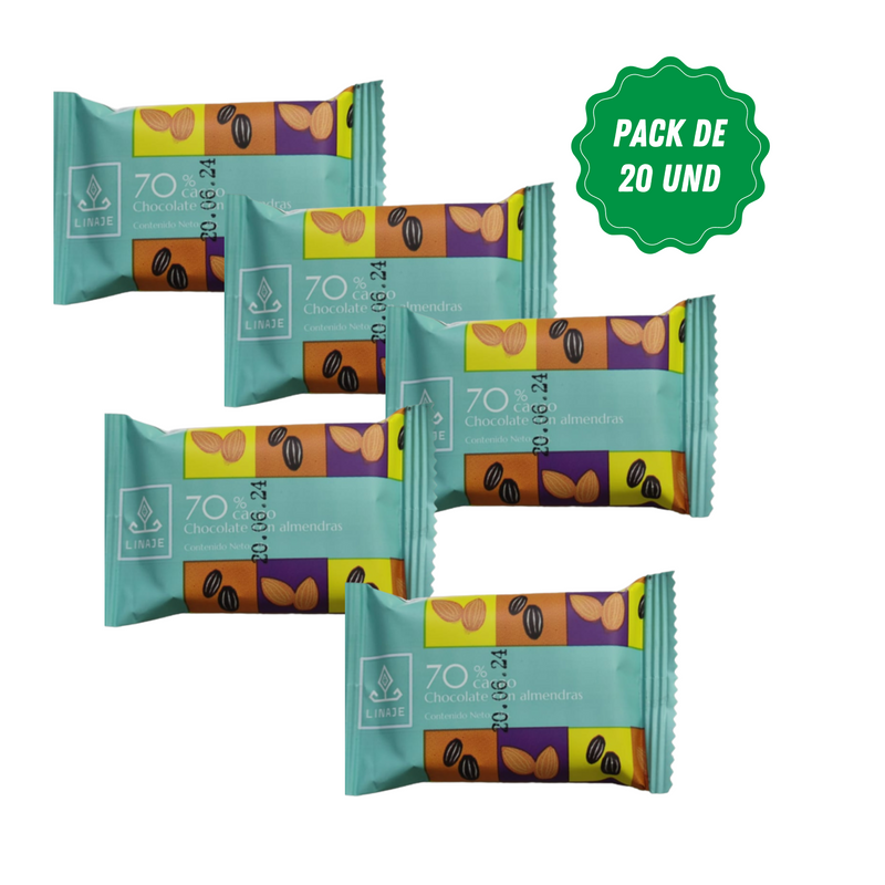 Barras de Chocolate Bitter 70% Cacao con almendras Linaje Pack 20 x 25g