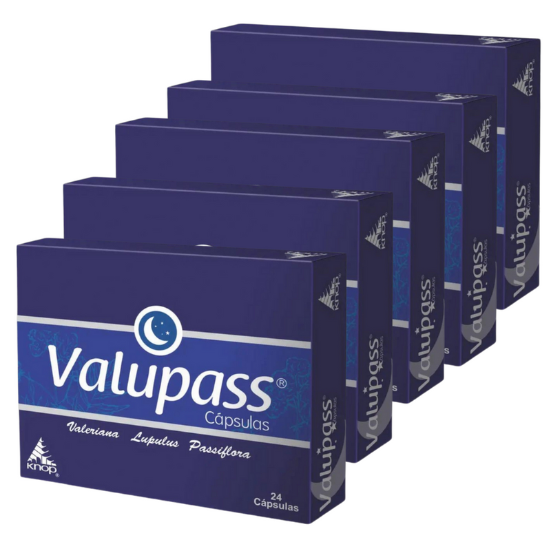 Pack Capsulas Inductor del sueño natural Valupass Valeriana, Passiflora y Humulus lupulus 5 und x 24 capsulas