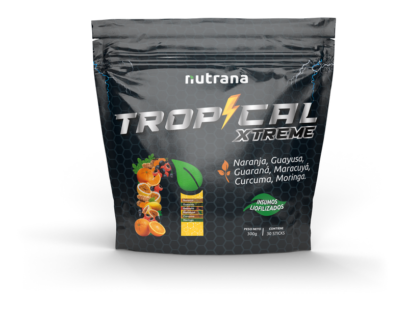 Bebida instantanea en polvo Tropical XTREME Naranja, Maca, Guaraná Nutrana 300g (30 Sachets)