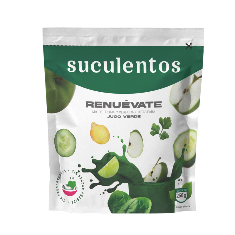 Mix Renuevate combinación de Manzana Verde, Espinaca, Pepino, Apio, Perejil, Limón y Jengibre SUCULENTOS 250gr