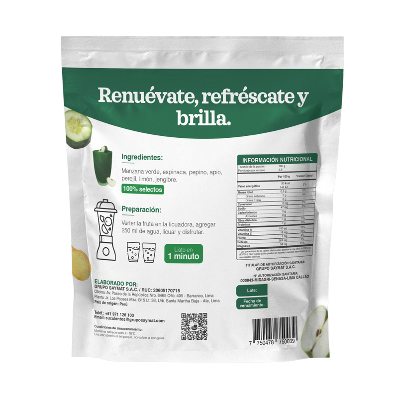 Mix Renuevate combinación de Manzana Verde, Espinaca, Pepino, Apio, Perejil, Limón y Jengibre SUCULENTOS 250gr