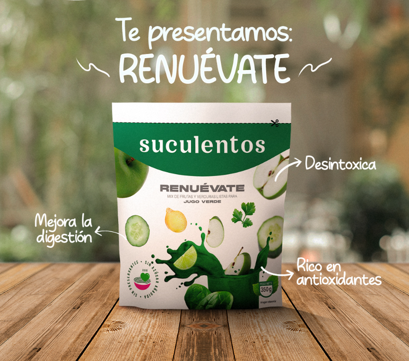 Mix Renuevate combinación de Manzana Verde, Espinaca, Pepino, Apio, Perejil, Limón y Jengibre SUCULENTOS 250gr