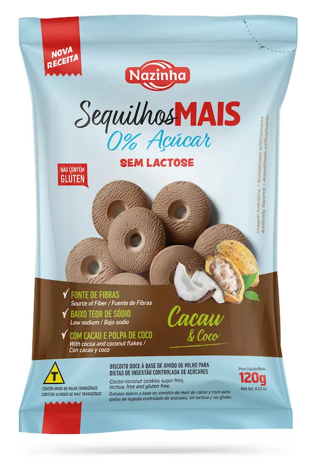 Galletas cero azúcar Almidón De Maíz Sabor Cacao sin gluten, sin lactosa NAZINHA 120gr