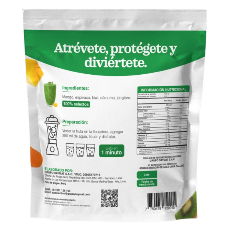 Mix Protégete combinación de Mango, Espinaca, Kiwi, Cúrcuma y Jengibre SUCULENTOS 350gr