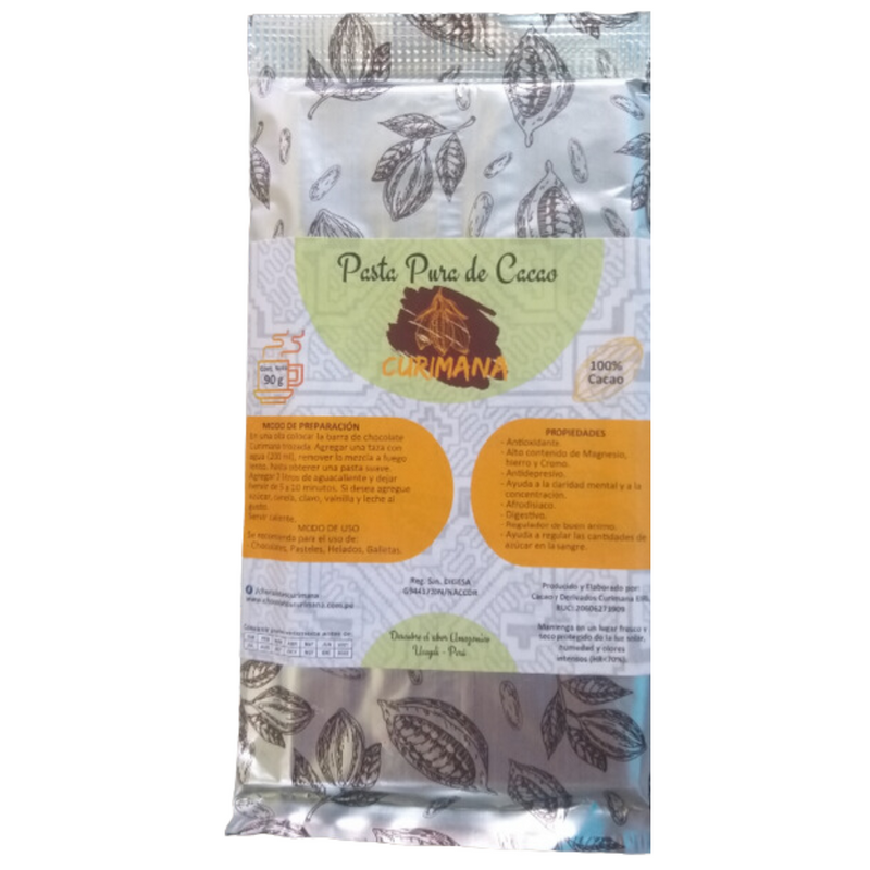 Chocolate para Taza Pasta pura de Cacao tableta Curimana 90gr