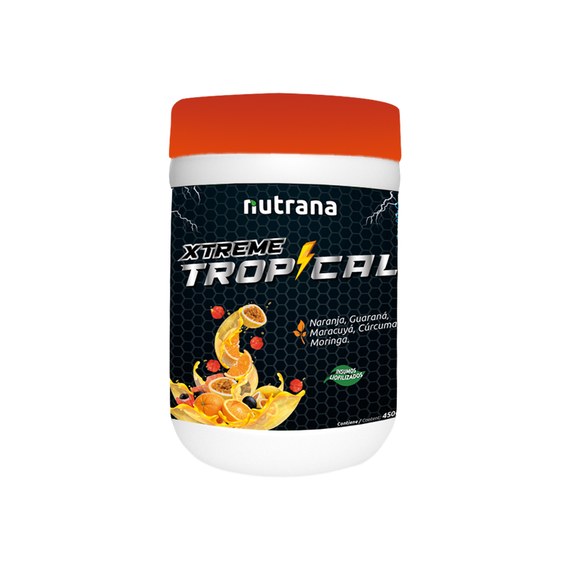 Bebida instantanea en polvo Tropical XTREME Naranja, Maca, Guaraná Nutrana Frasco 450g