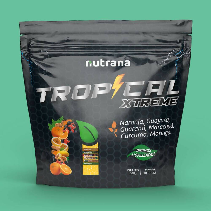 Bebida instantanea en polvo Tropical XTREME Naranja, Maca, Guaraná Nutrana 300g (30 Sachets)