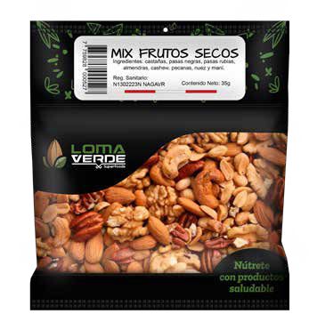 Pack Mix clásico sin maní (Castañas, pasas negras, pasas  rubias, pecanas, almendras, cashew y nuez) Loma Verde 35g x 15 unid