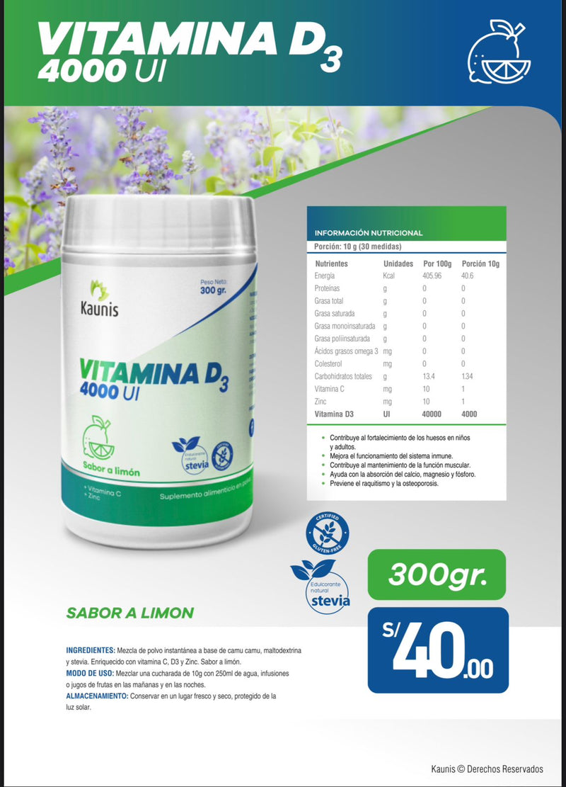 Vitamina D3 4000ui sabor a Limón Kaunis 300g